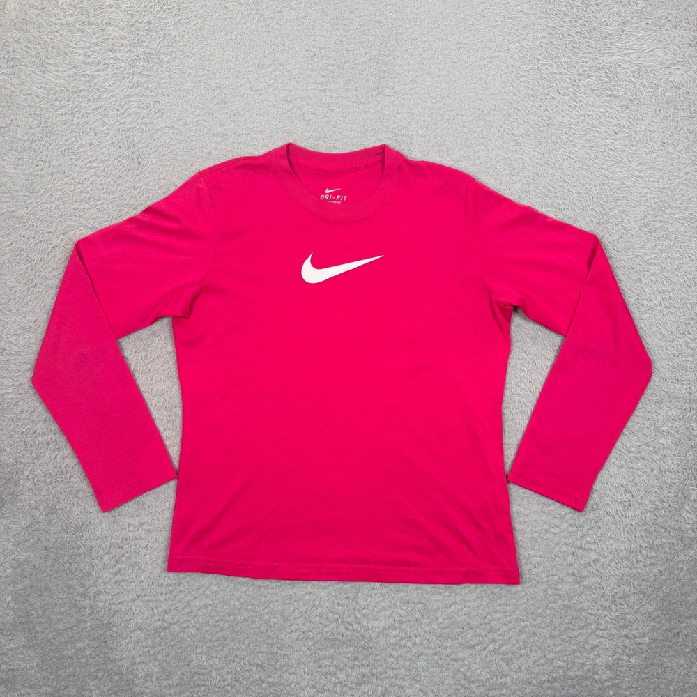 Nike Kids Dri-FIT Long Sleeve Shirt Pink Swoosh Logo Athletic Top 409591-672 L